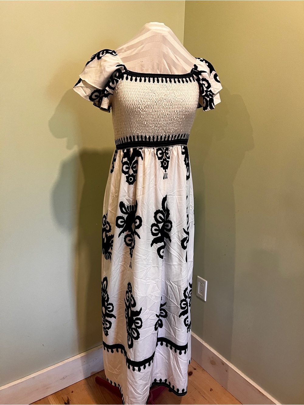 White and Black Smocked Maxi Dress with Puff Sleeves